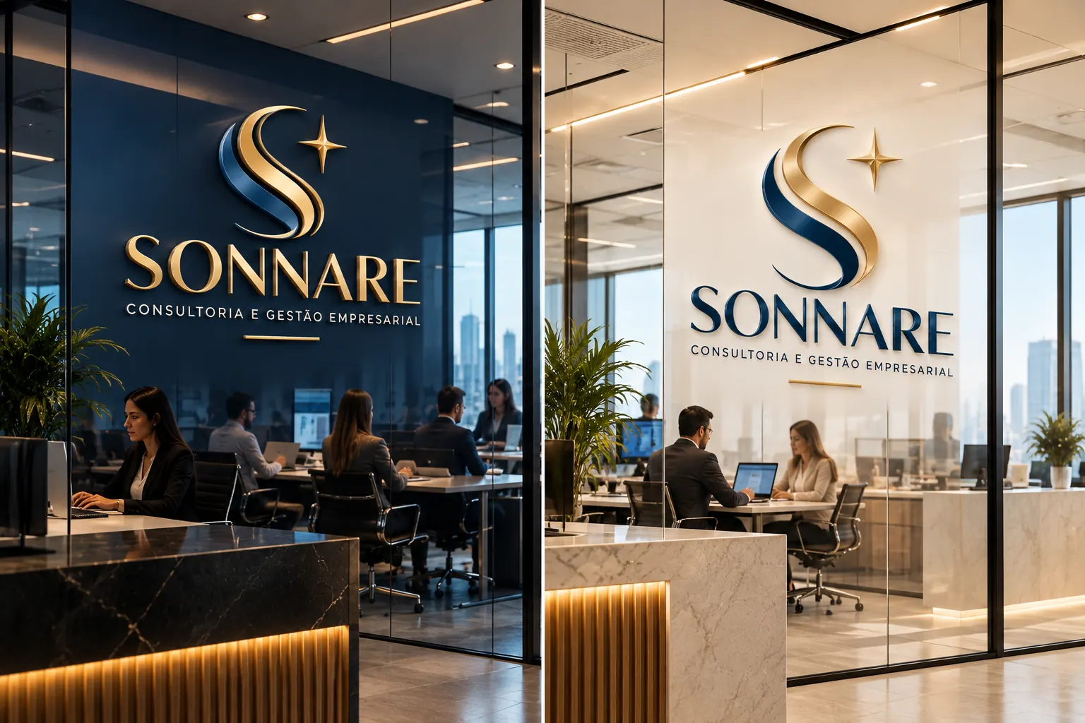 Escritório corporativo moderno com equipes trabalhando